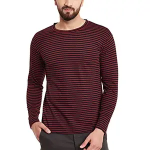 HYPERNATION Red and Black Stripe Round Neck Cotton Blend Long Sleeves T-Shirt for Men(HYPM01148_S)