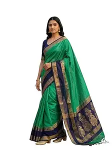 Silk Blend Saree with Gold Zari Border, Traditional Festive Saree for Women | Unstitched Blouse Piece | Green | Saree