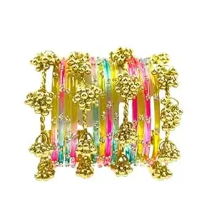 bangle bliss 16pc Multi Color Glass Bangles Set Viral Kashmiri Ghungroo Chuda with Heavy Gold Guchha Charms Traditional Jewelry for Women