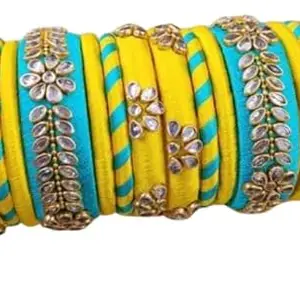 Silk Thread Bangles New kundan Style/Bridal Wedding Bangle Set for Women/Girls (Sky Blue & Yellow, 2-4)