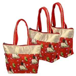 Kuber Industries Women's Casual Hand Purse | Traditional Mini Hand Bag | Silk Wallet Hand Bag | Woman Tote Hand Bag | Gifts Hand Bag | Cow-Small Hand Purse | Pack of 3 | Red