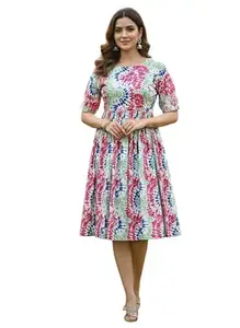 Women's Tie-Dye Print Midi Dress, Rayon, Half Sleeve, Fit and Flare Style KJ2
