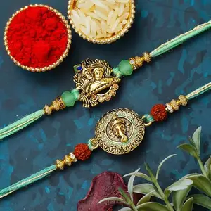 eCraftIndia Set of 2 Ganesha & Radha Krishna Rakhis with Roli Chawal Pack | Designer Rakhi for Brother Bhaiya Bhai Bhabhi Kids