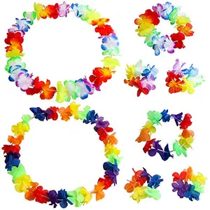 YAXAMING Hawaiian Leis Luau Tropical Headband Flower Crown Wreath Headpiece Wristbands Women Girls Floral Necklace Bracelets Hair Band For Summer Beach Vacation Pool Party Decorations Favors Supplies Colorful