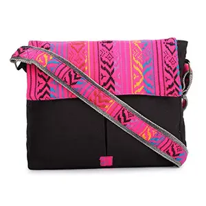 The House of tara Handloom Fabric Messenger Bags for Women | Cotton Canvas Laptop Sling Bag Upto 15.6 Inches | Stylish Crossbody Sling Bag Comes with Flap Closure & Waterproof Inner Lining (Black 4)