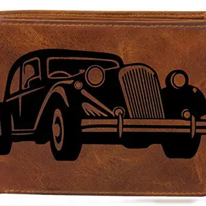 Karmanah Vintage Car Engraved Genuine Leather Wallet, Brown (Grease)