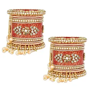 BRIDAL GARNISH Plastic Radiant Red Bridal Chuda with Exquisite Kundan and Pearl Embellishments for Woman Girls and Bride (Style2 with Latkan Bangles, 2.8)