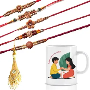 Ethnic Darzi Raksha Bandhan Gift Combo – Designer Rakhi Set of 5 with Lumba for Bhabhi & Printed Coffee Mug for Brother – Traditional Rakhi Gift Hamper- RKMUG-213
