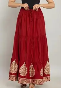 Floral Print Rayon Long Skirt for Women with Stylish Flared Fit for The Size of -S Multicolour