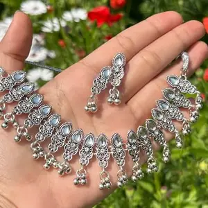 Antique Silver Mirror Work Choker Necklace Set”