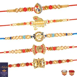 De Marquis 5 Designer Rakhi Gift Set for Brother, Mauli Thread Rakhi, Chawal Roli Pack, Greeting Card Set (5 Multicolor RAKHI set in different design with Roli and chawal)