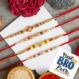 eCraftIndia Set of 4 Pearl Diamond Beads Designer Rakhis for Brothers with Best Bro Ever Fridge Magnet and Roli Chawal Pack