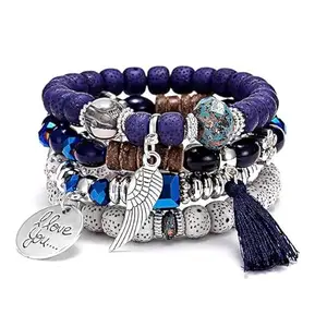 VIEN 4PCS Retro Bohemian Beaded Eye Bracelets Handmade Multi Layered Exquisite Bracelets Charms Woven Bracelet Set for Women (BLUE)