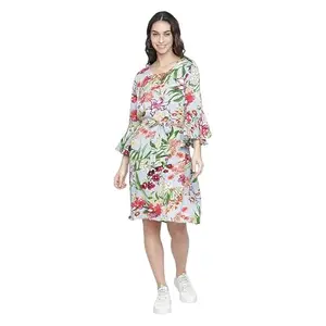 XOXO Cherry Women Sky Blue Dolled up Shift Dress|Floral Print Round Neck Full Sleeve |Knee Length One Piece Western Dress |Office, Party, Casual-2XL