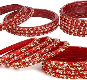 Somil Combo Of Party & Wedding Colorful Glass Kada/Bangle, Pack Of 24, Red,Red