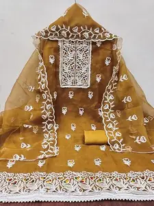 Maroosh Women'S Mustard Unstitched Heavy Thread Embroidered Organza Dress Material (MRSIN2036MTD)