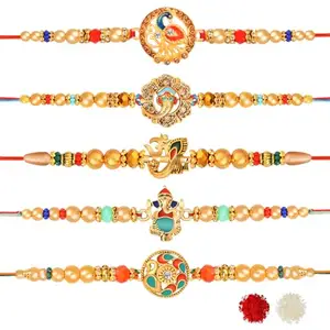 De Marquis 5 Designer Rakhi Gift Set for Brother, Mauli Thread, Chawal Roli Pack, Greeting Card Set (5 Multicolor RAKHI set in different design with Roli and chawal)