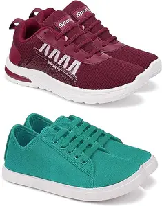 WORLD WEAR FOOTWEAR Soft Comfortable and Breathable Canvas Sports Running Shoes for Women (Maroon and Green, 4) (S17328)