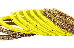 HARSHAS India Craft Silk Thread Bangles Plastic Bangle Set Color (Lemon Yellow-Gold) (Pack of 10) (Size-2/4)