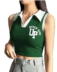 Stylish Sleeveless Crop Top with White Collar and Never Give Up Printed Design for Women