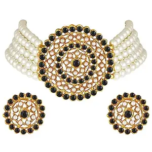 Amazon Brand - Anarva Women 18K Gold Plated Traditional Light Weight Pearl Beaded Choker Necklace Jewellery Set Glided With Moti Work (Ml239Wb White Black)