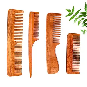 AAIRAA Neem Wooden Comb Set Of 4 For Women & Men Anti-Dandruff Wide Teeth Comb Natural Neem Comb