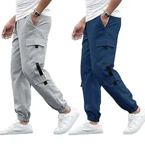 RIKSAW Men's Cargo Polyester Pants for Men || Regular Fit Mid Rise Cargo Joggers Solid Pants (Pack of 2) (PCG_04 Combo)