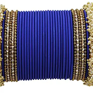 T4 Jewels Stylish 18k Gold Plated Single Hand Pearl Studded Beautiful Metal Bangle Set for Women & Girls_Blue_2.6