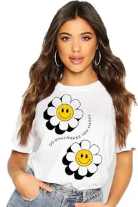 Epiko Oversized Fit Trendy Happy Quote Cute White Flower Printed Women Tshirt | Baggy Loose Fit Oversized Streetstyle Tshirt