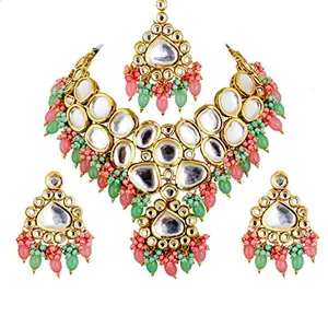 Lucky Jewellery 18K Gold-Plated Back Meenakari Uncut Kundan Choker Necklace | Elegant Pink & Mint Color Necklace Jewelry Set for Women & Girls (2916-M6SK-1674-PKMNT)