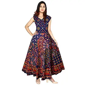 Women's 100% Cotton Jaipuri Print Long Midi Maxi Dress Multicolour