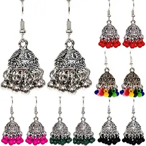 Weariton Combo Pack Silver Oxidised Jhumka Jhumki Stylish Fancy Ethnic Designer Traditional Earrings For Women And Girls (Set of 6)