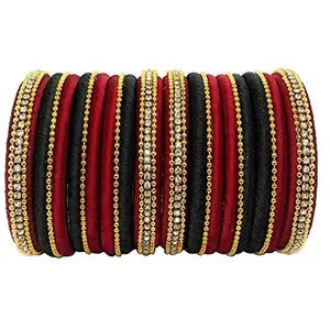 HARSHAS INDIA CRAFT Hand Craft New Silk Thread Bangles Set 16 Bangles Beautiful Weightless Thin Bangles (Red-Black) (Size-2/10)