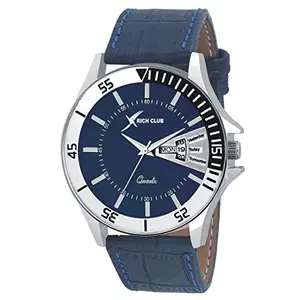 Rich Club RC-1555 Blue Dial and Leather Strap Day and Date Analog Watch for Men and Boys