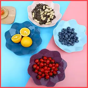 wolpin Designer Plastic Snacks Plate Set Fruits Serving Play (Set of 4 Pcs) Colorful Snacks/Breakfast Plate, Flower Shape, Multicolor