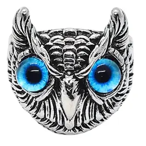 Uniqon Silver Color JAR0566 Unisex Stainless Steel Stylish Funky Trending Adjustable/Openable Decorative Creative Crystal Glasses Blue Demon Eyes Owl/Ullu Bird Face Design Thumb Finger Ring
