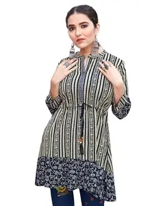 Hybec Designer Women's Cotton Printed Tunic Short Top Western Stylish for Latest Fashion in Women Wear Kantha Stripe Straight (Black & Blue-L)