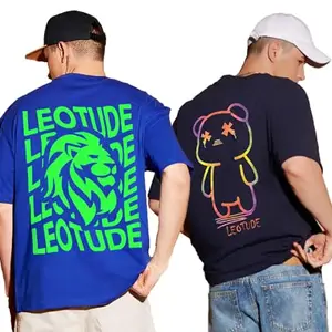 LEOTUDE Men's Oversize Round Neck T-Shirt(PO2_FS49_Teddy_Waves_P_Multi2_XL)