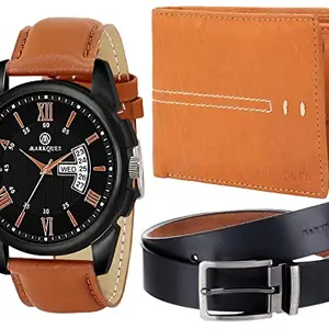 MARKQUES Day & Date Men's Watch, Leather Wallet and Belt 3 in 1 Combo Gift Set for Men and Boys (IND-770104-VIN-04-EXE-01)