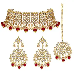 I Jewels Gold Plated Traditional Kundan & Pearl Studded Choker NecklaceJewellery Set with Earrings & Maang Tikka For Women (K7069M-1)