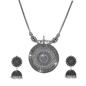 Yellow Chimes Latest Fashion German Silver Traditional Pendant Necklace Set with Jhumka Earrings by Yellow Chimes Jewellery Set for Women (Oxidized Silver) (YCTJNS-CHAKRBND-SL)