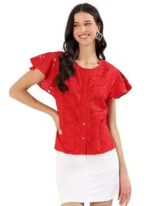 Schifley Women’s Red Embroidered Cutwork Top | 100% Cotton | Short Sleeve | Breathable Summer Top | Regular Fit | Casual & Office Wear