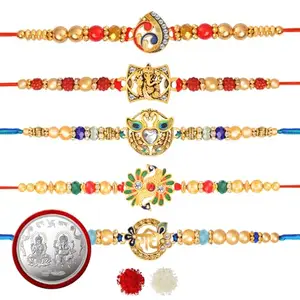 De Marquis 5 Designer Rakhi Sets |1 Laxmi-Ganesh Pooja Coin | PC-09513 Pearl, Kundan, Mauli Thread Rakhee for Brother | Roli-Chawal | Best Wishes Greeting Card (Pack of 5 Rakhees)