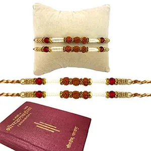 ascension ® 4 Rudraksha Pearl Kundan Meena Rakhi Raksha Bandhan Gift Band Moli Bracelet Stone Rakhi for Brother bhaiya with Bhagavad Gita Book & Roli Tilak Pack