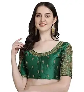 Women's Phantom Silk Woven Round Neck Short Sleeve Readymade Blouse (Green, Free Size)-PID57715