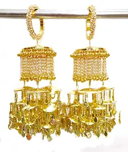 Brass with Pearls Bridal Kaleere Attached With Pearl Bangles for Women (Golden)