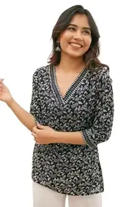 KLARITY Women's Printed Casual Top – Stylish V-Neck Tunic for Daily | Rayon Fabric | 3/4 Sleeve Office & College Wear Kurti Style Girls Short Kurta for Jeans Black (in, Alpha, 2XL, Regular, Black)
