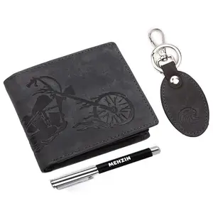 MEHZIN Men Formal Hunter Grey Genuine Leather RFID Wallet,Key Ring & Pen 3Pcs Combo Gift Set (8 Card Slots) Style-162
