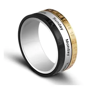 Fashion Frill Stainless Steel Ring for Men and Women - Revolving Calendar With Days and Month - Stylish Unisex Watch Ring - Gift for Her or Him, Size 9