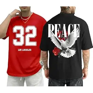 ENCIGER Men's Oversized Cotton T-Shirt Pack | Drop Shoulder Graphic Printed Casual Streetwear Combo | Baggy Hip-Hop Tshirts